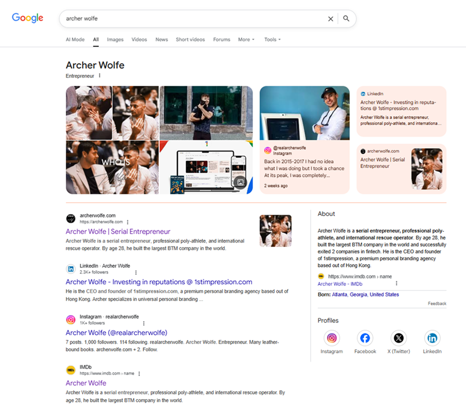 Google results and knowledge panel for Archer Wolfe